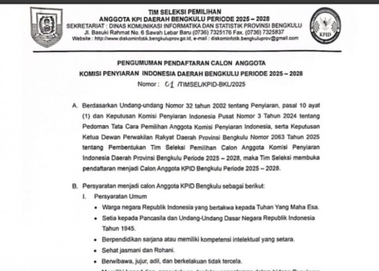 Kesempatan Jadi Komisioner KPID, Pendaftaran Periode 2025–2028 Kini Resmi Dibuka