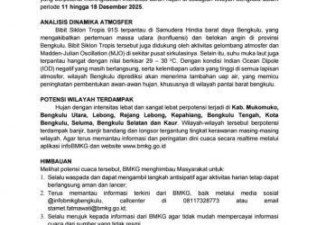 BMKG Bengkulu Peringatkan Potensi Cuaca Ekstrem Selama Sepekan, Masyarakat Diminta Waspada