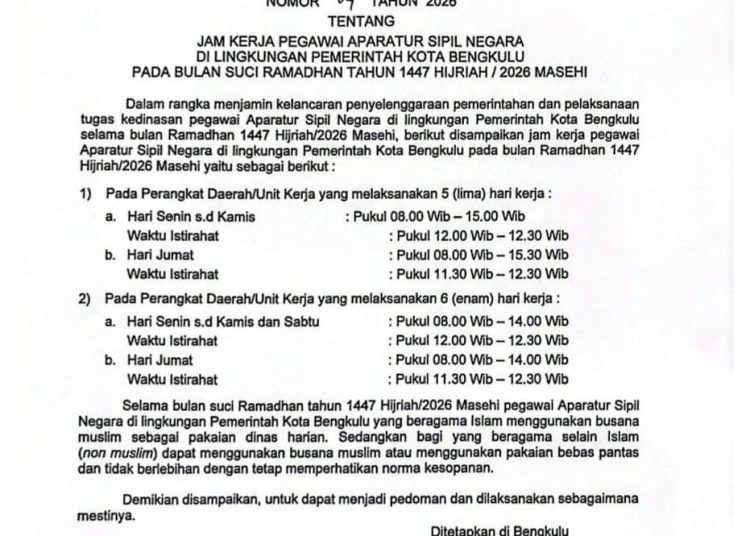 Ramadan 1447 H, Pemkot Bengkulu Sesuaikan Jam Kerja ASN demi Layanan Tetap Prima