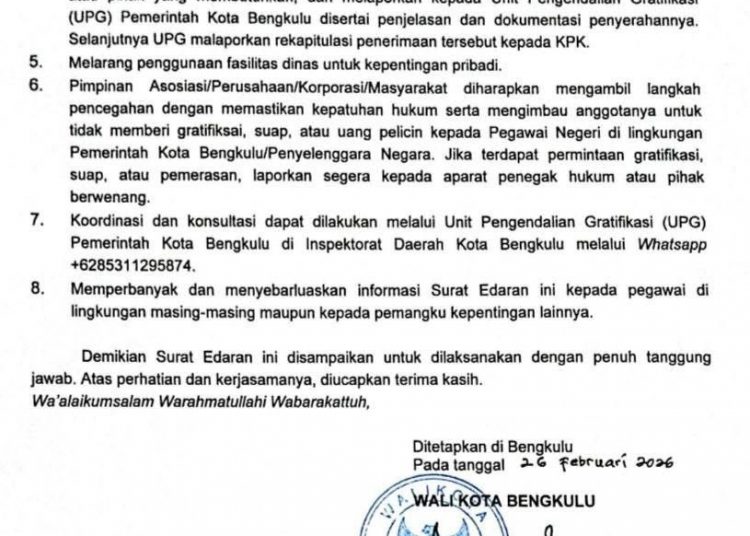 Wali Kota Bengkulu Terbitkan SE Pencegahan Korupsi dan Gratifikasi Jelang Hari Raya